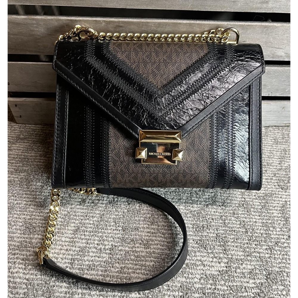 Michael Kors Whitney Chain Shoulder Bag Black Bronze Metallic Leather Crossbody